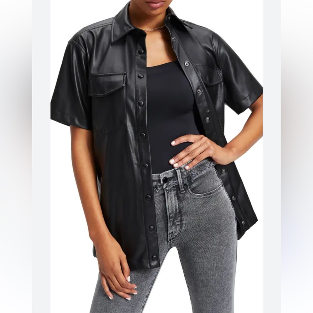 Good American faux leather button up oversized fit shirt